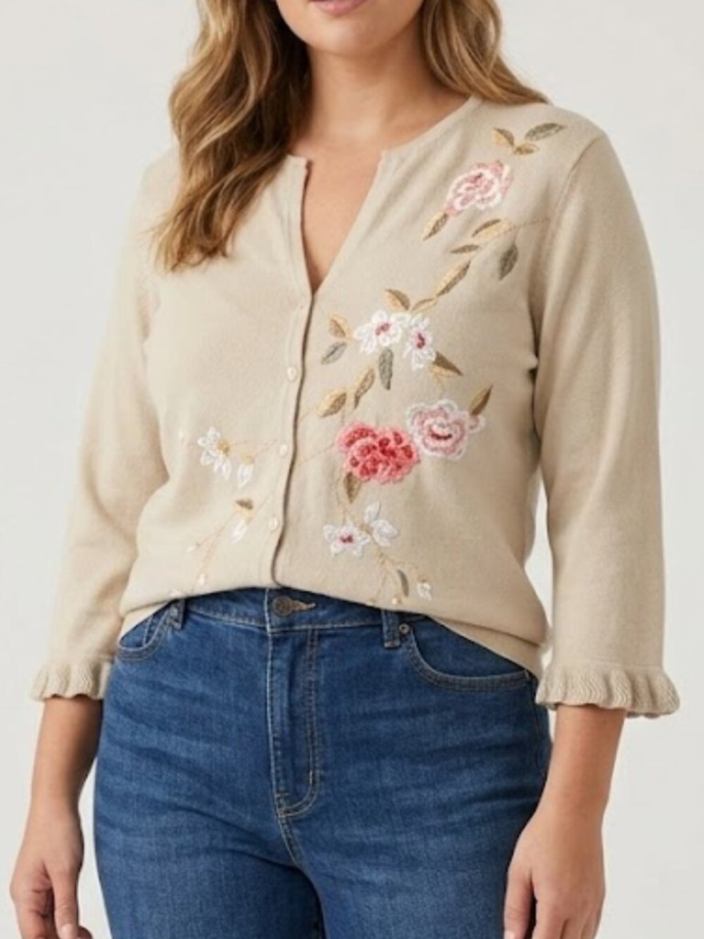 Dressbarn Floral Embroidered Cardigan M Cottagecore Grandmillennial Ruffle